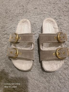 Veronica Beard Taupe Suede Double-Buckle Slide Sandals with Gold Hardware